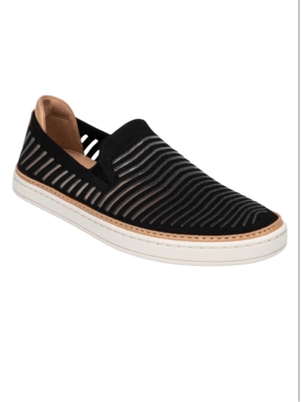 UGG Womans Stripe Black Sammy Breeze Knit Slip-On Sneaker Tan Leather Accent 8.5